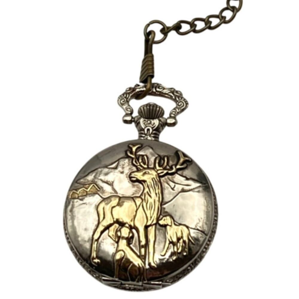 Milan Pocket Watch 3D Deer Front Men's Full Hunter - New Battery-Has Chain Clip